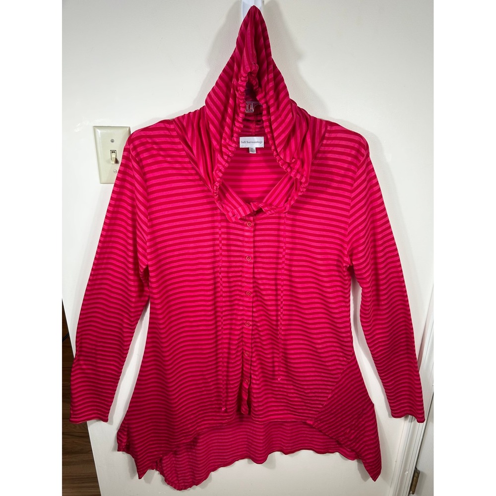Soft Surroundings Tunic Women XL Red Striped Hooded Button Down High Low Hem